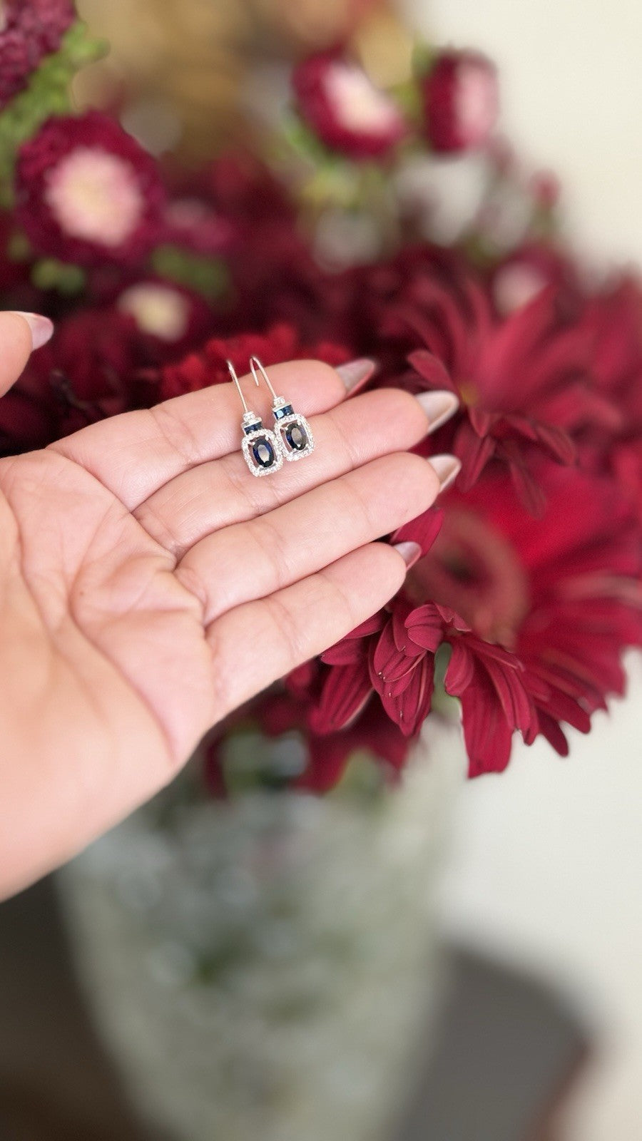 14k White Gold Genuine Sapphire & Diamond Leverback Dangle/Drop Earrings, New 1"