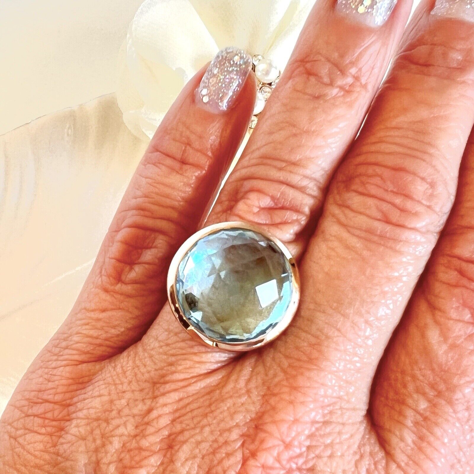 Modern Solid 14k Rose Gold Sky Blue Topaz Dome Ring, New, Size 6