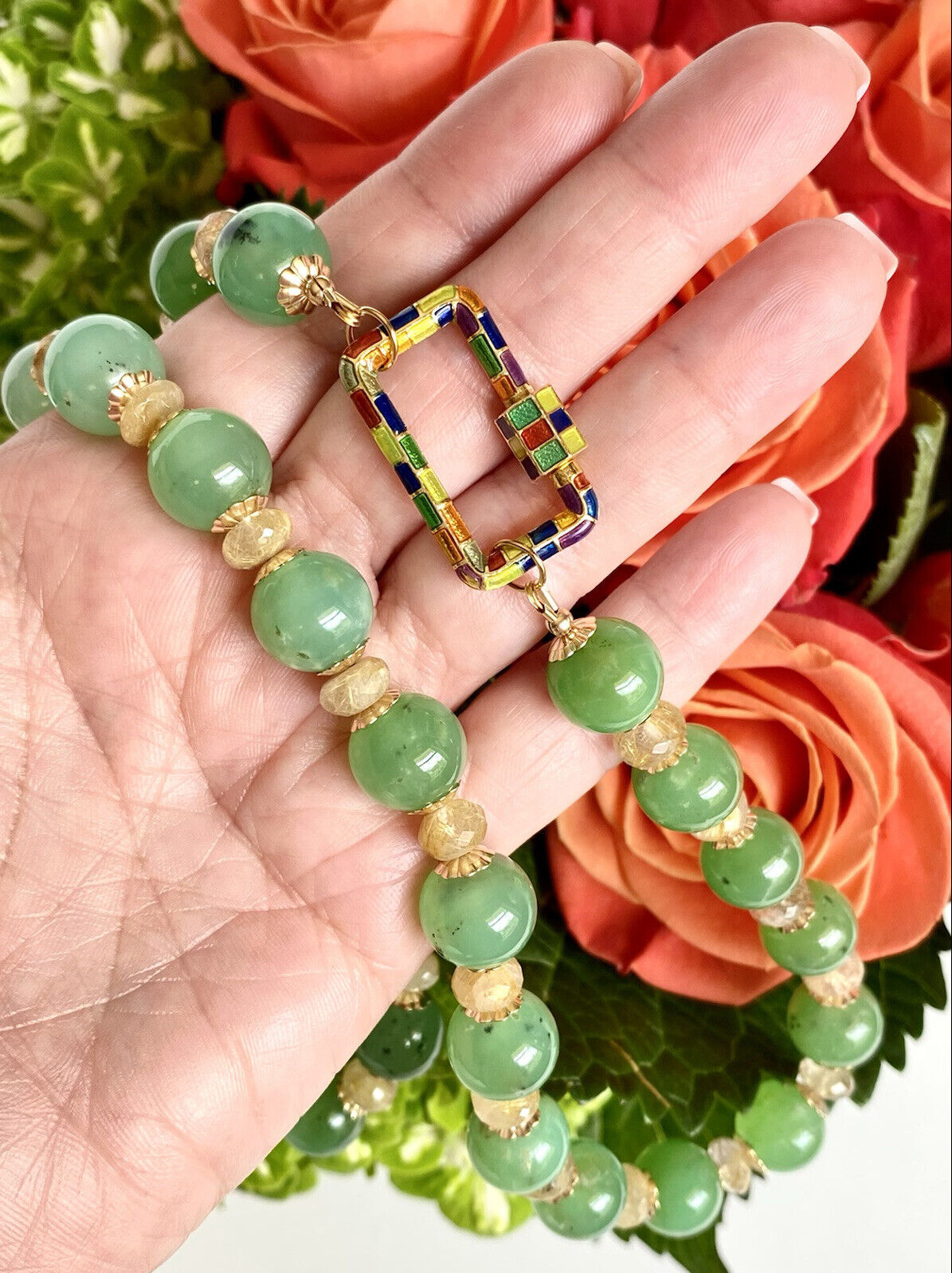 Natural Chrysoprase & Rutilated Quartz 14K GF Necklace, New, 24.75"