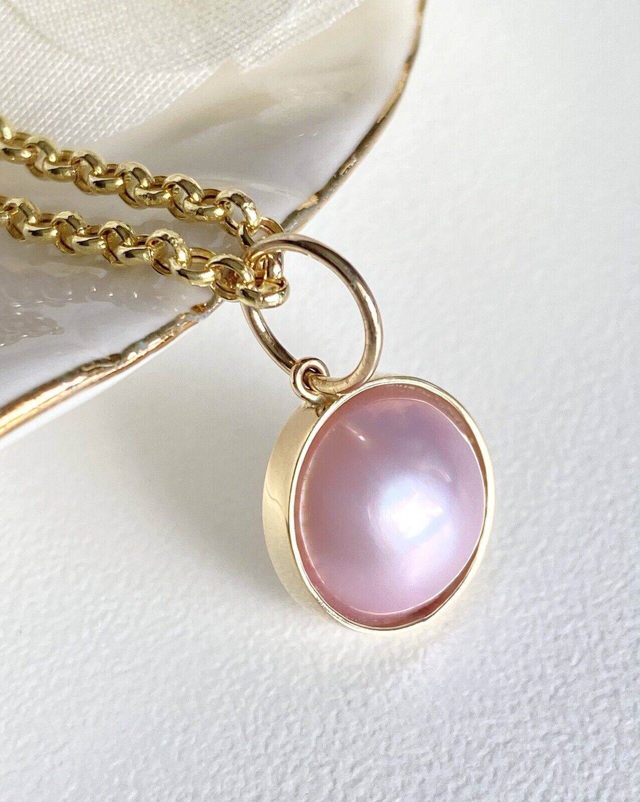 Genuine Pink Mabe Pearl (11mm) Solid 14K Yellow Gold Pendant, New