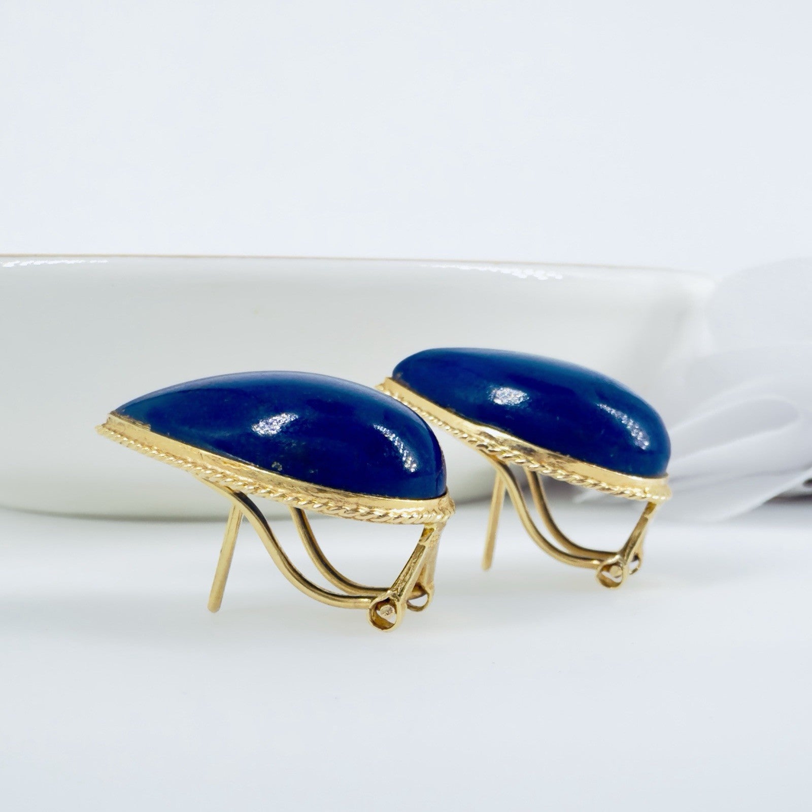 14k Yellow Gold Dark Blue Lapis Lazuli Omega Back Earrings, Preowned