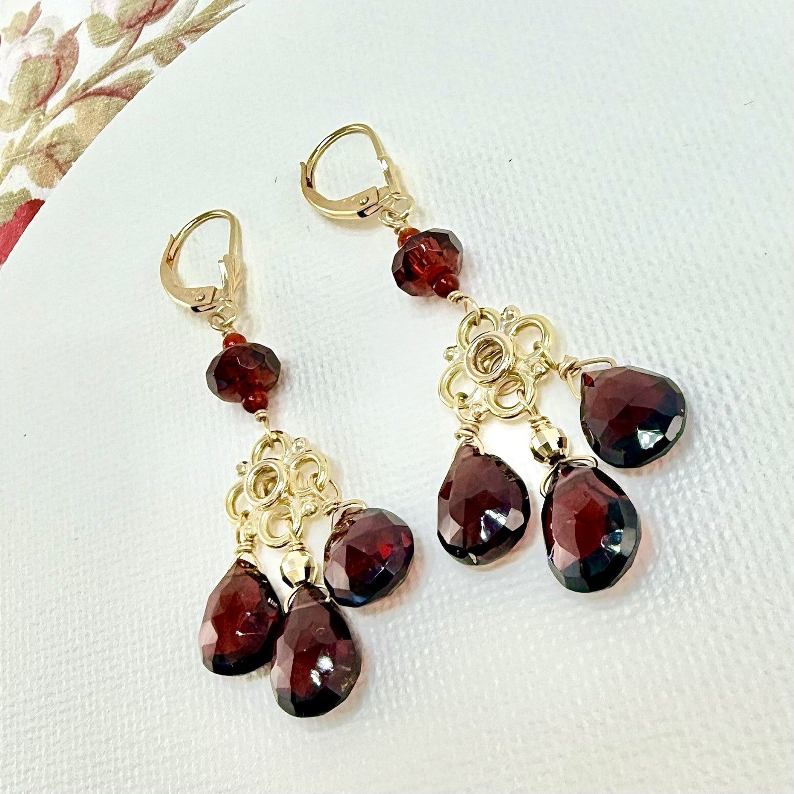 14k Yellow Gold Genuine Garnet Chandelier Dangle/Drop Earrings, New, 2.10" Long