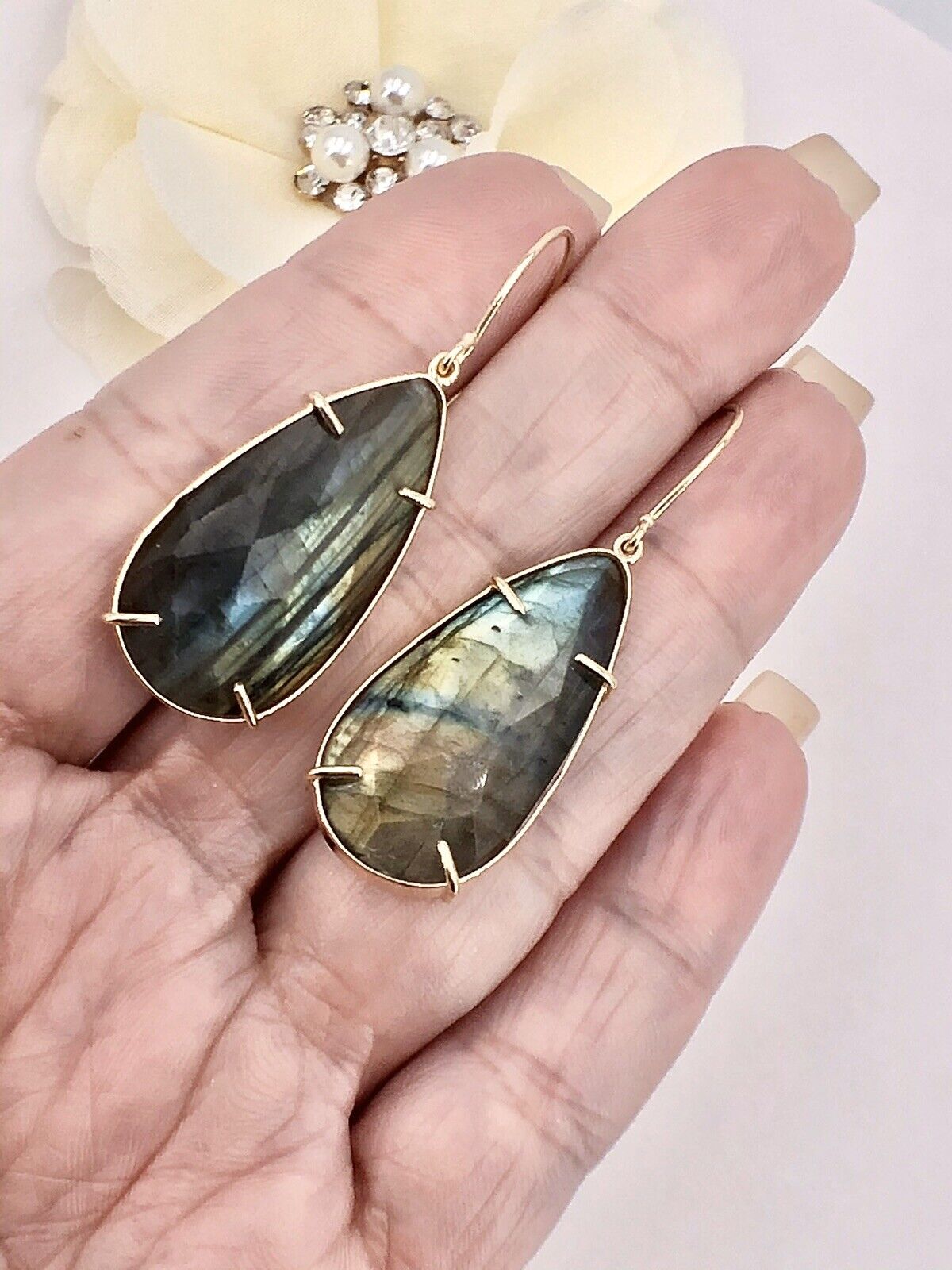 Fabulous! Large (39ctw) Natural Labradorite Dangle/Drop Earrings, New 1.92"