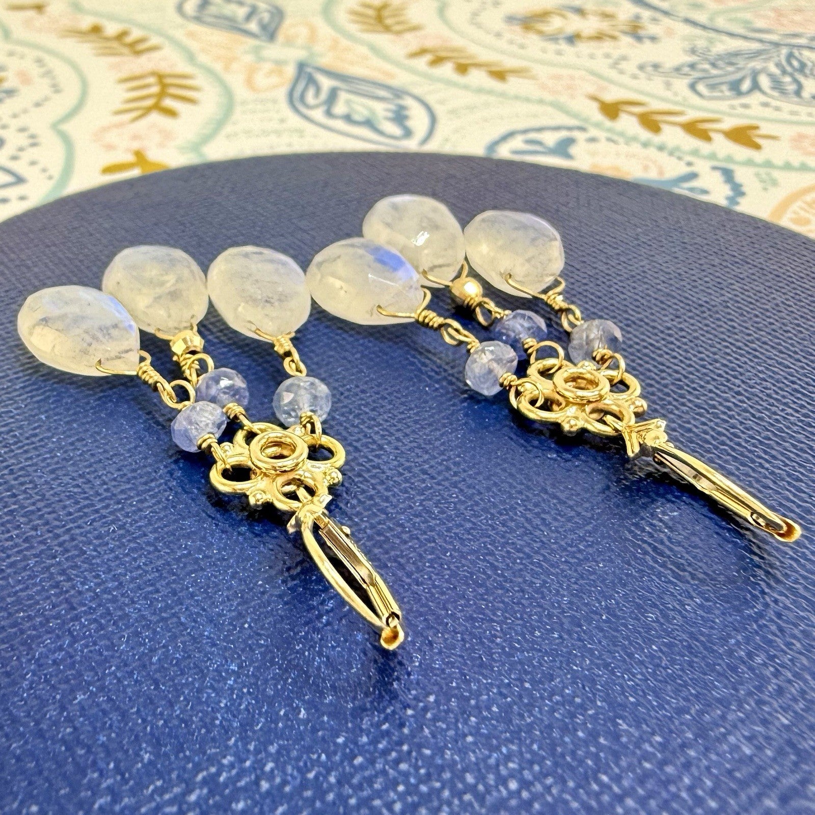 14k Yellow Gold Genuine Rainbow Moonstone and Sapphire Chandelier Earrings,
