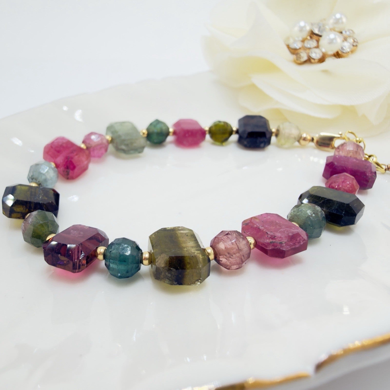 14k Yellow Gold Genuine Multi-Color Tourmaline Bracelet, 6.5-7"