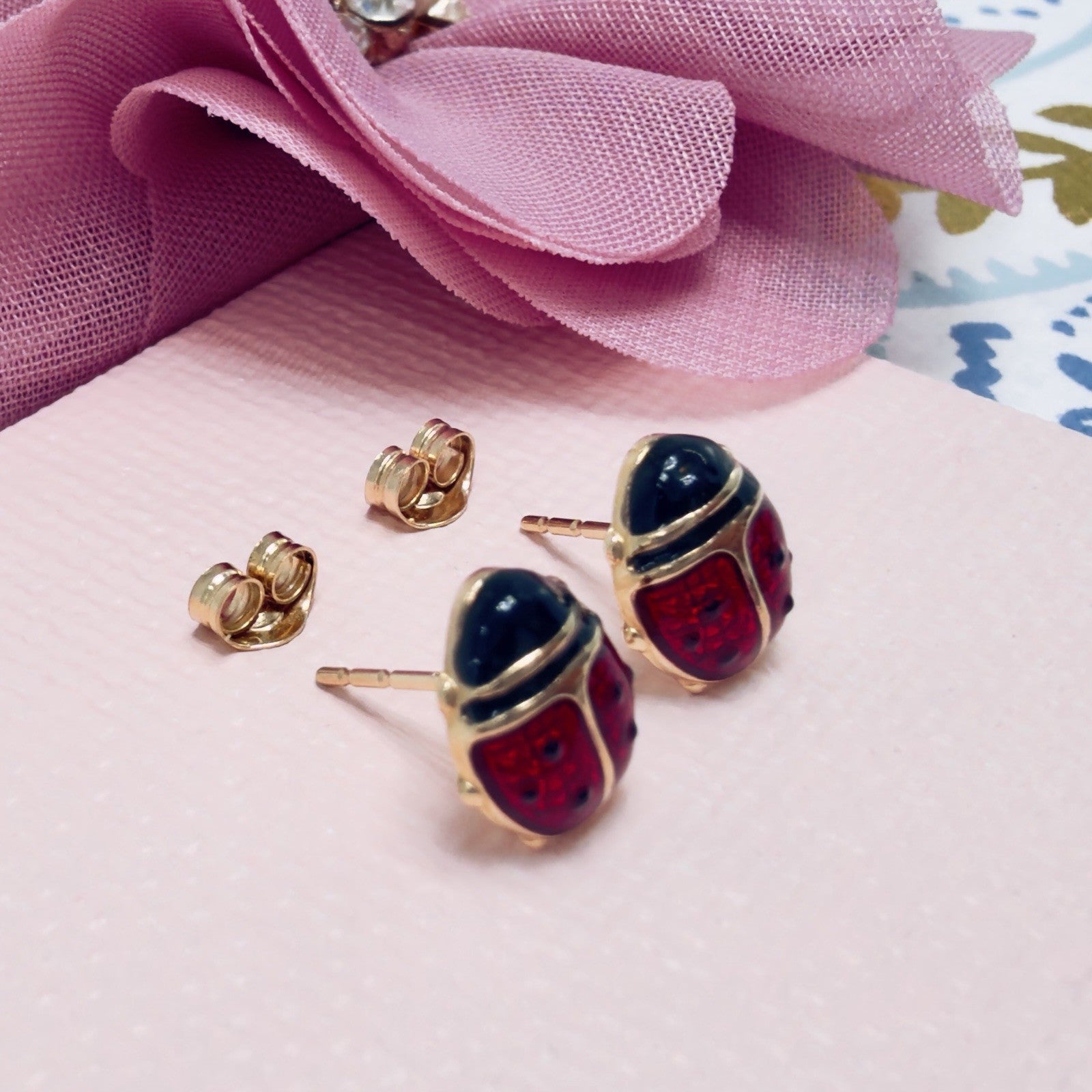 14k Yellow Gold Ladybug Enamel-Work Stud Earrings, New