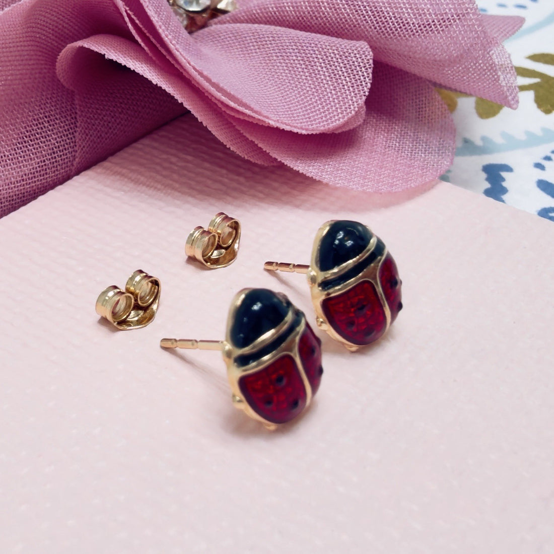 14k Yellow Gold Ladybug Enamel-Work Stud Earrings, New