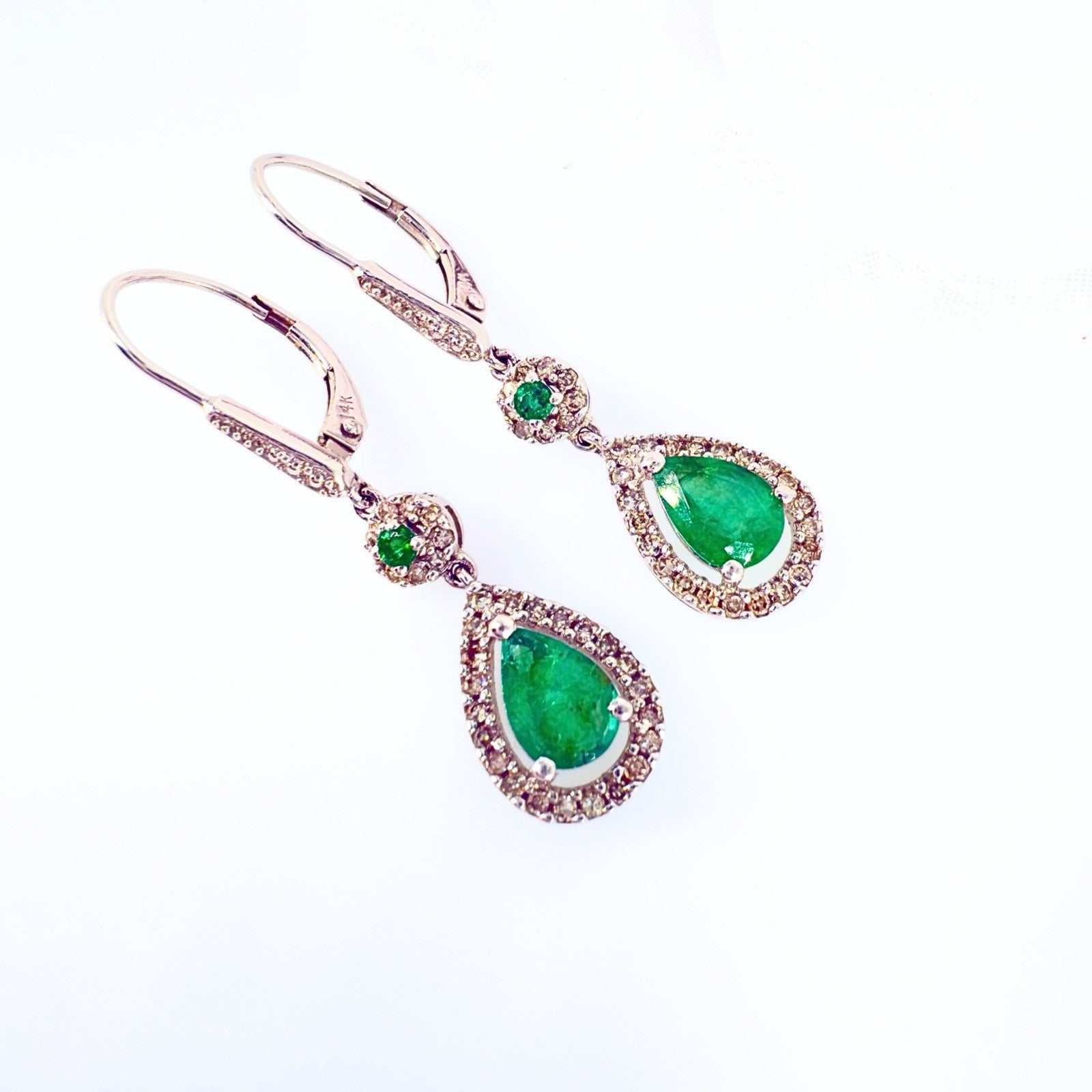 14k White Gold Genuine Emerald & Diamond Leverback Dangle Earrings, Preowned