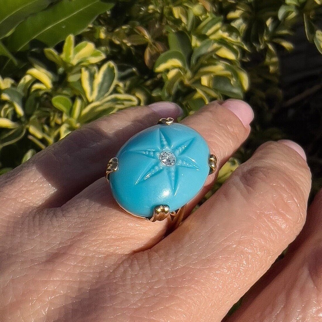 Vintage European 8k Yellow Gold American Turquoise & Diamond Ring, Size 4.75
