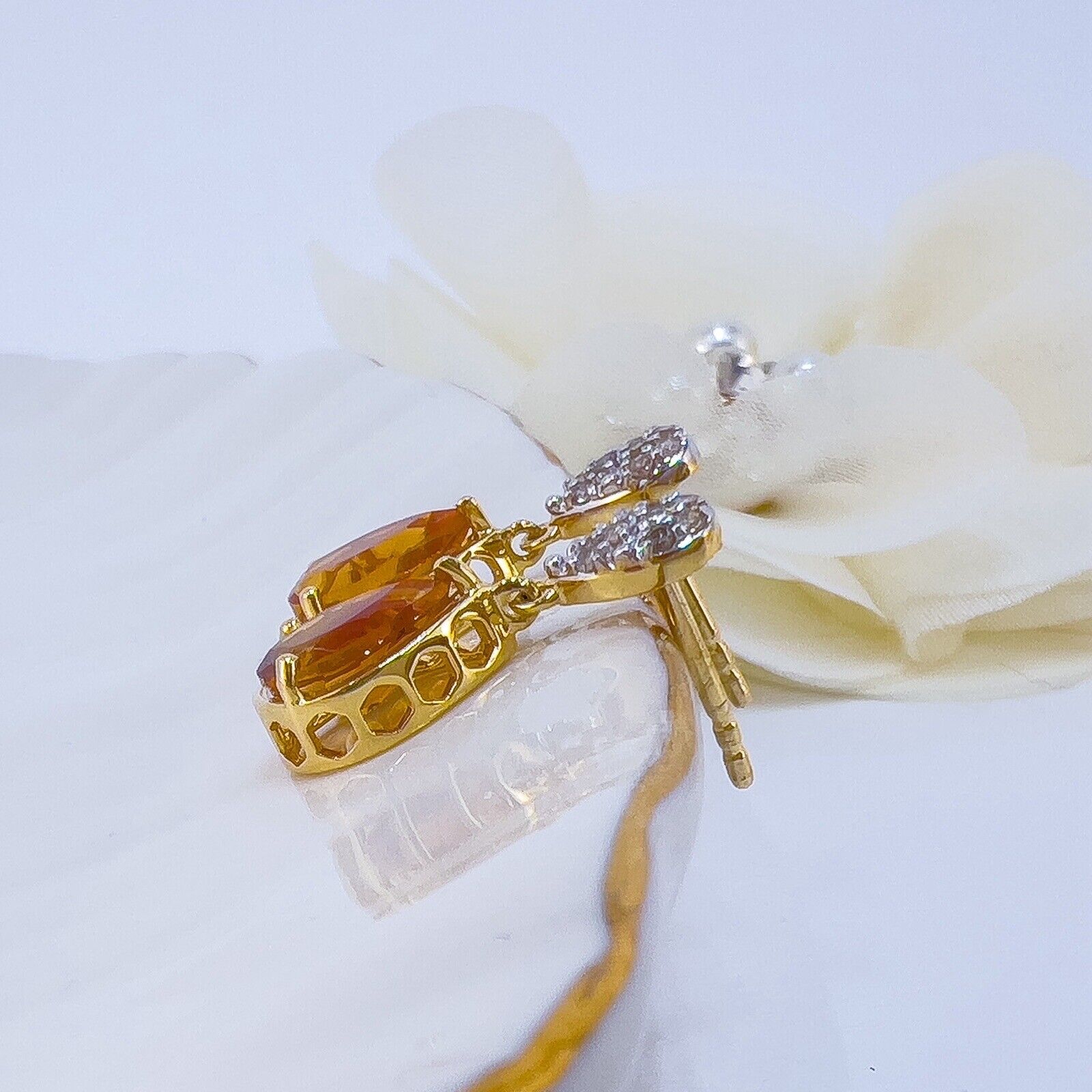 Genuine Citrine & Diamond Solid 10k Yellow Gold Dangle/Drop Earrings