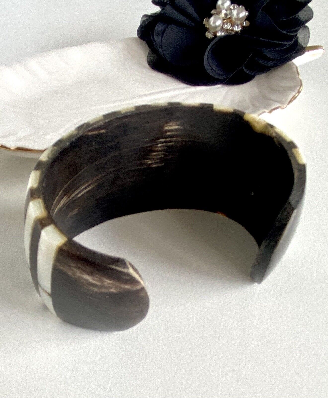 Vintage Mother of Pearl & Horn Inlay Bohemian Cuff Bracelet, Small