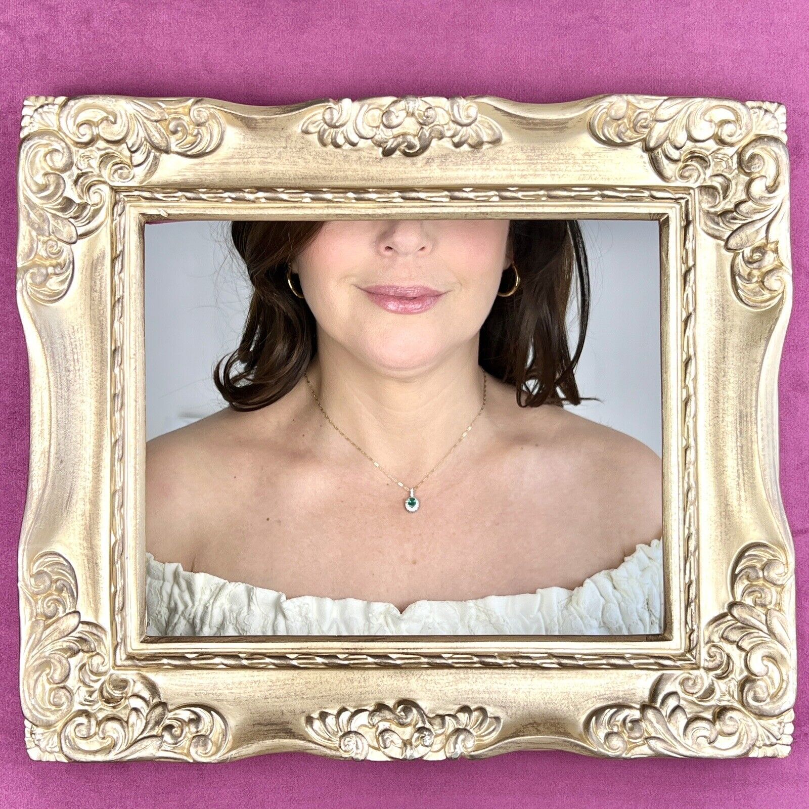 Solid 14k White Gold Genuine Colombian Emerald & Diamond Oval Pendant, New