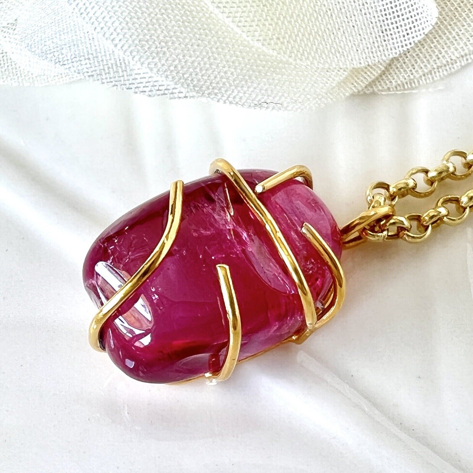 Solid 14k Yellow Gold Natural Smooth Pink Tourmaline (15ct) Nugget Pendant, New