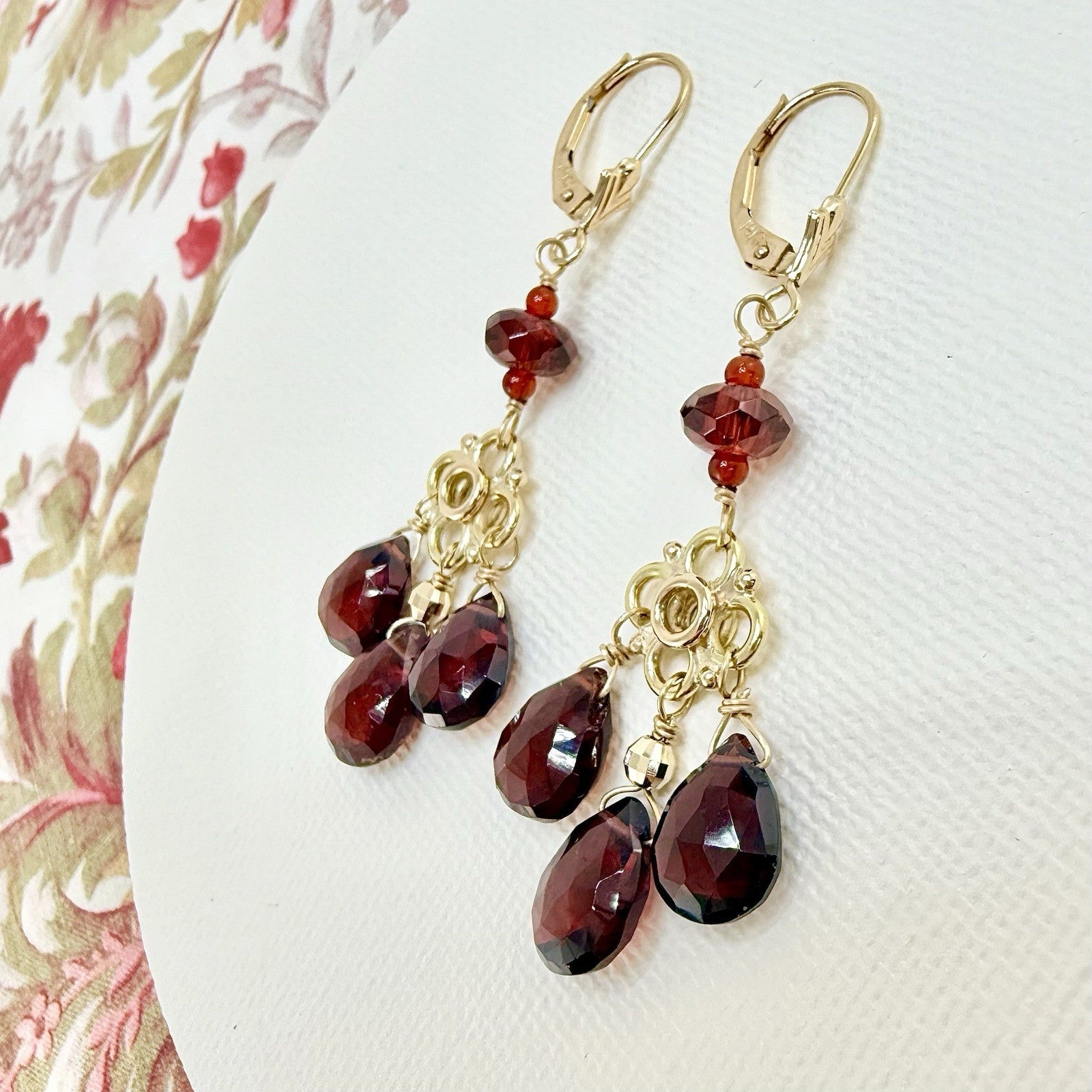 14k Yellow Gold Genuine Garnet Chandelier Dangle/Drop Earrings, New, 2.10" Long