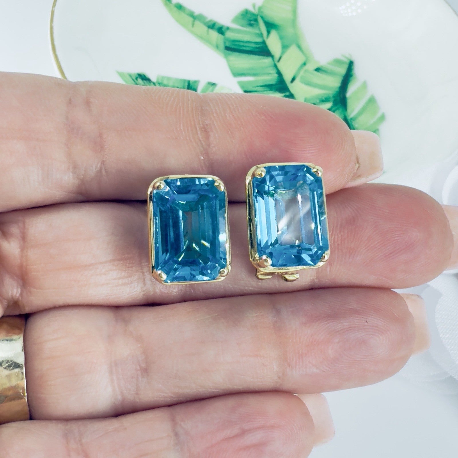 14k Yellow Gold Swiss Blue Topaz Omega Back Earrings, Preowned