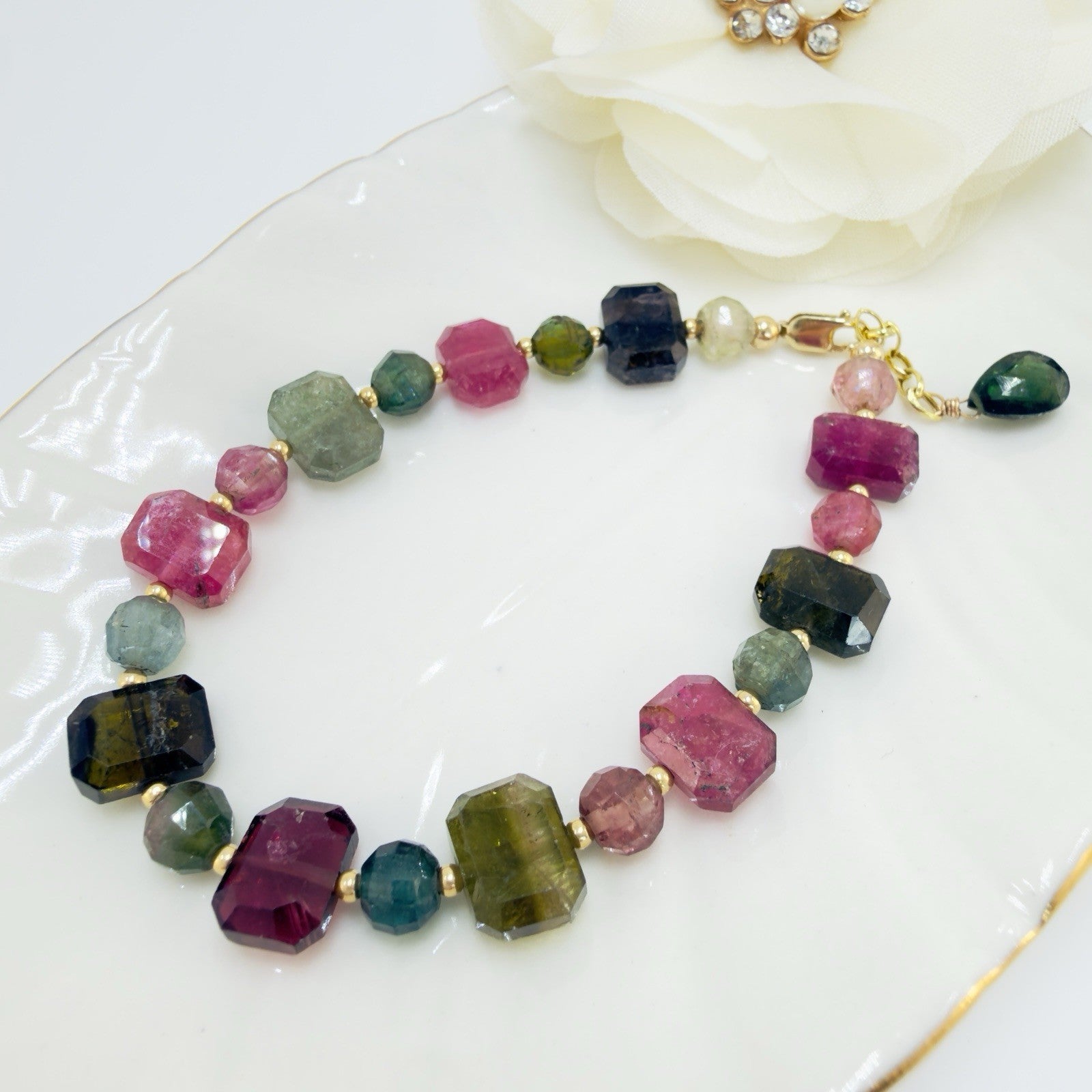 14k Yellow Gold Genuine Multi-Color Tourmaline Bracelet, 6.5-7"