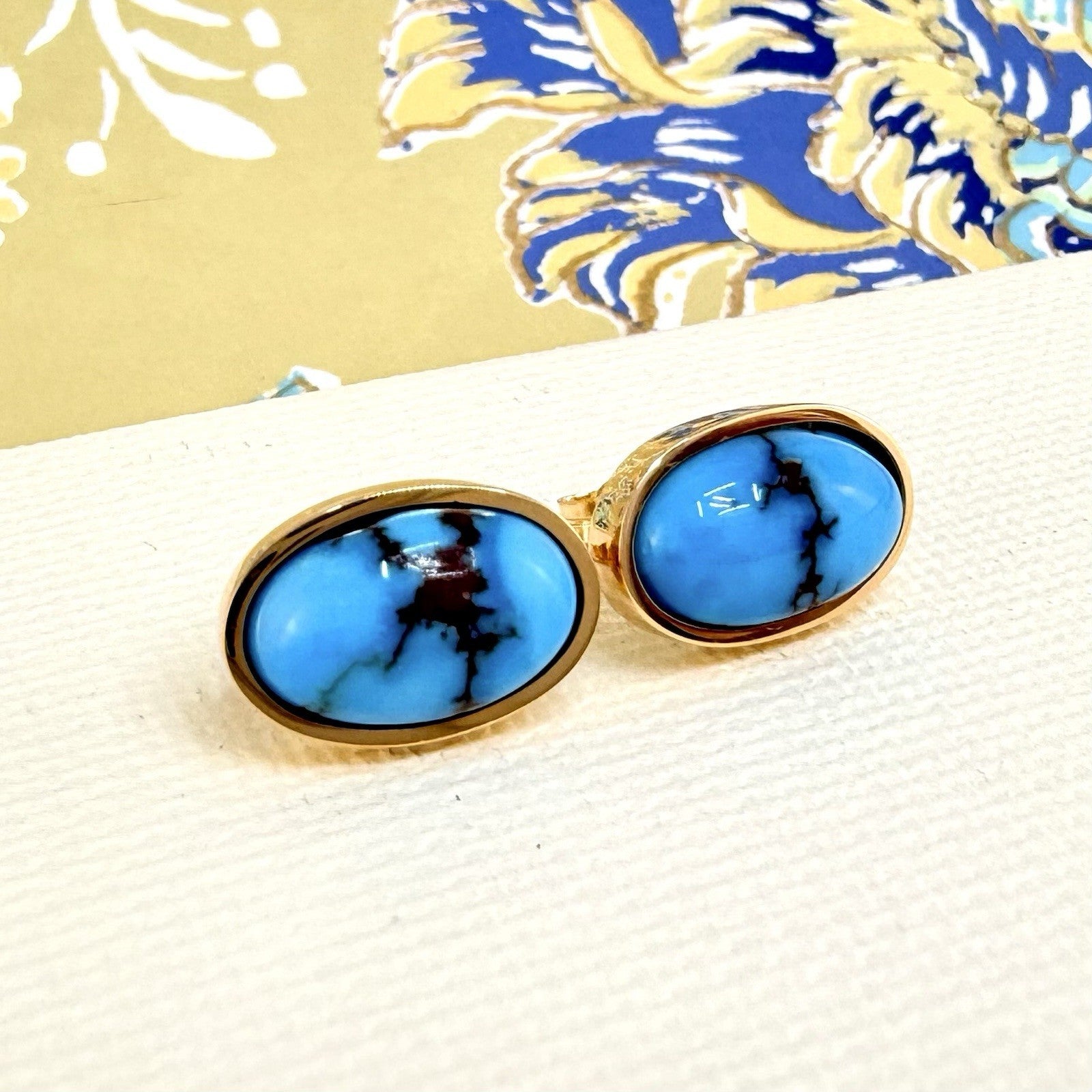 14k Yellow Gold Egyptian Turquoise Custom Made Stud Earrings, New Pair #1