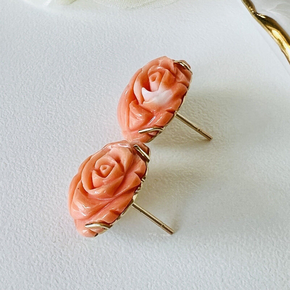 Vintage No-Dye Japanese Carved Coral Rose (14Ct) and 14K Gold Stud Earrings, New
