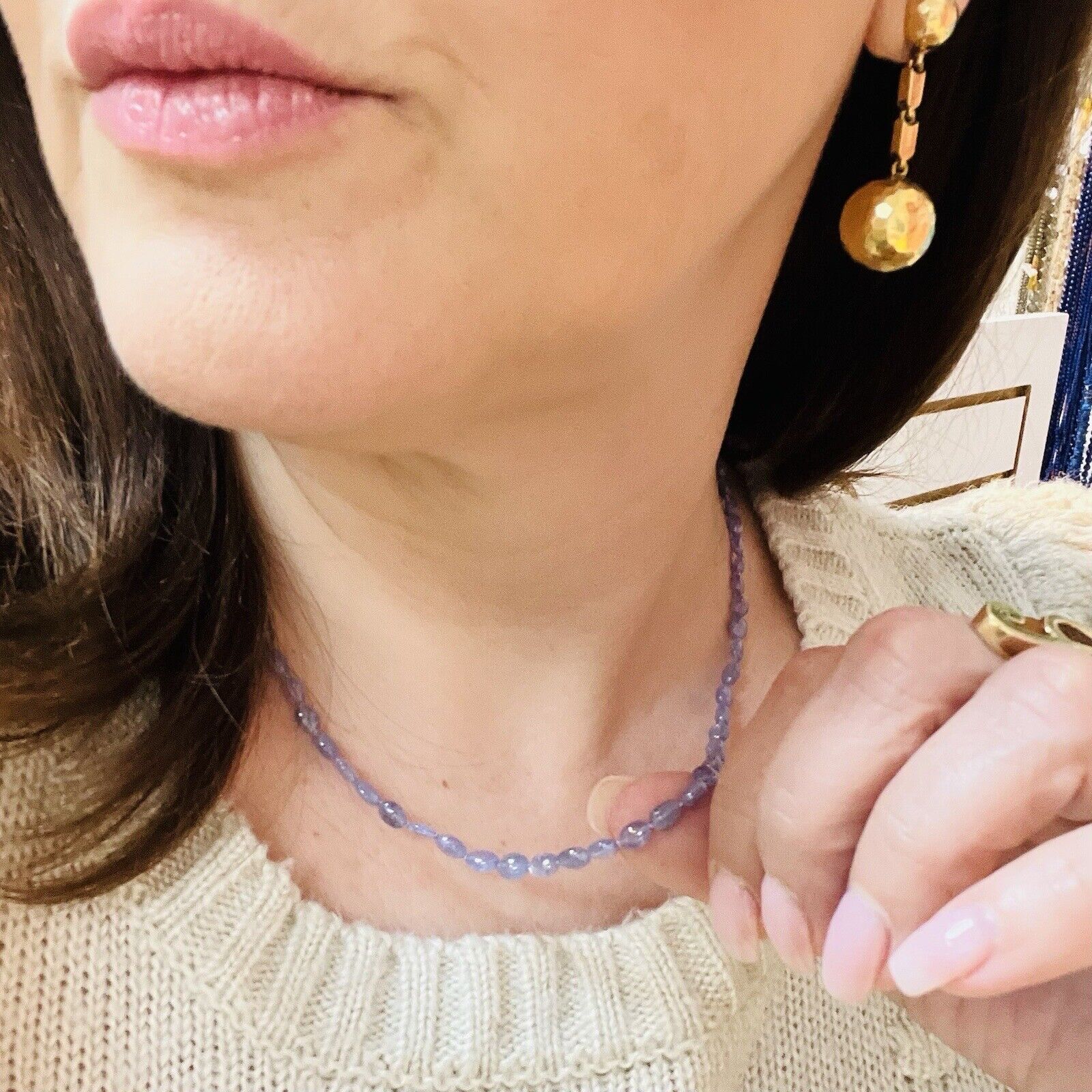 Natural Tanzanite 14k Yellow Gold Beaded Necklace, New 18"