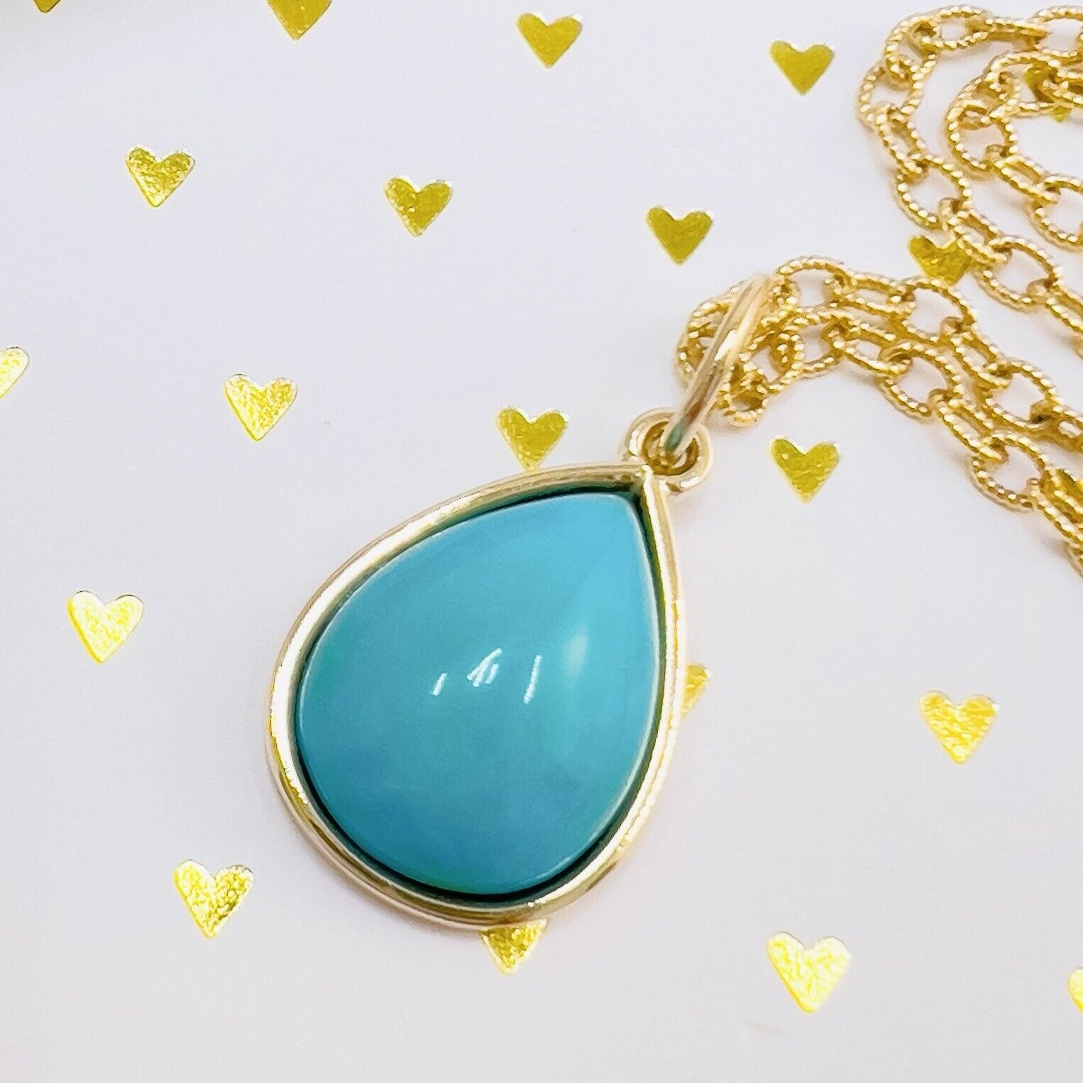 Natural Persian Turquoise 14k Yellow Gold Drop Pendant, Unisex, Handcrafted