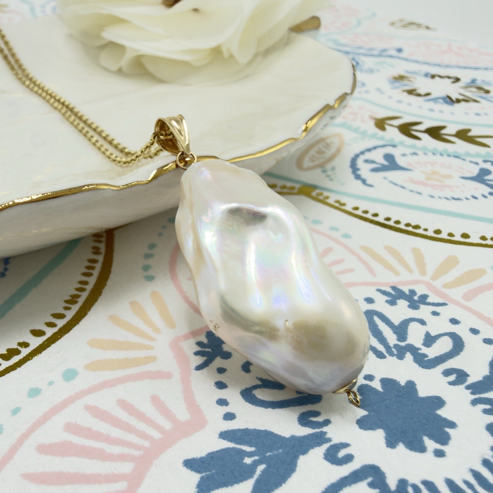 14k Yellow Gold Genuine Baroque Pearl Pendant, New 1.5"