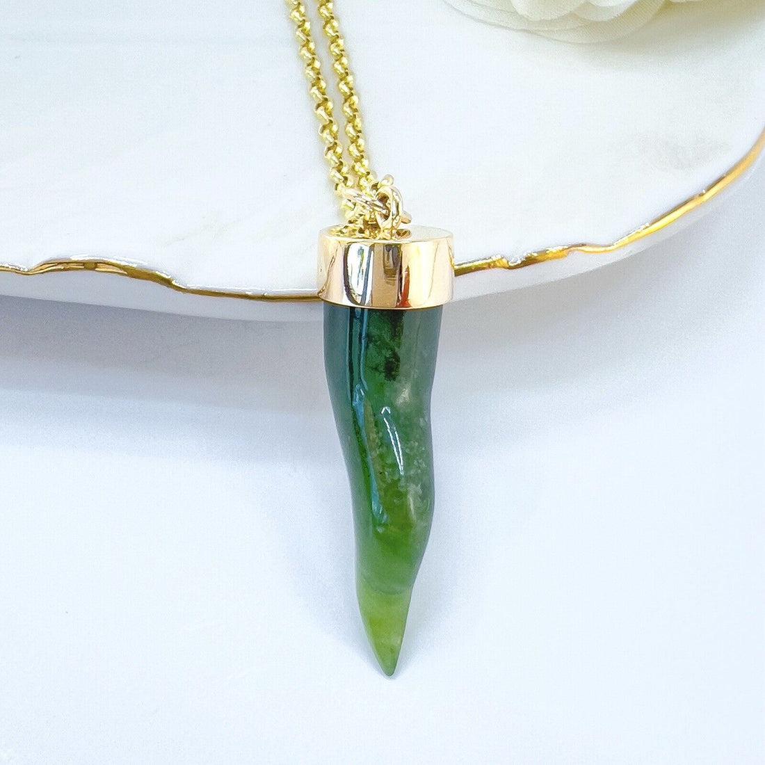 14k Yellow Gold Nephrite Jade Cornicello Horn Pendant, New, 1.68"