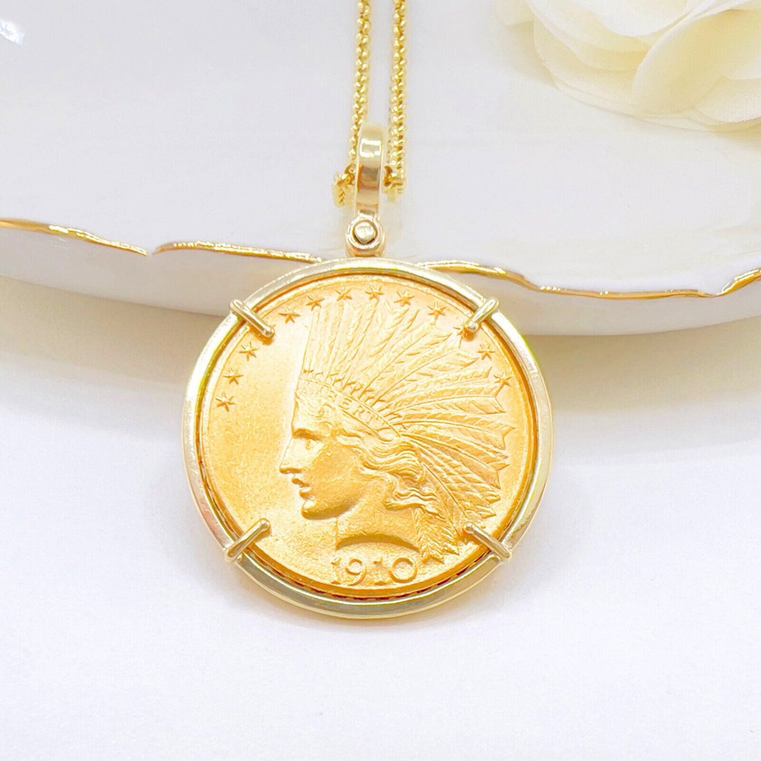Genuine 1910 US Indian Head 10 Dollar Eagle Gold Coin With 14k Pendant Frame