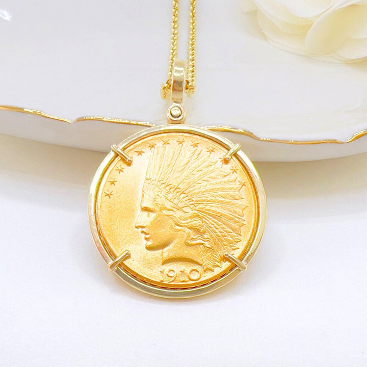 Genuine 1910 US Indian Head 10 Dollar Eagle Gold Coin With 14k Pendant Frame