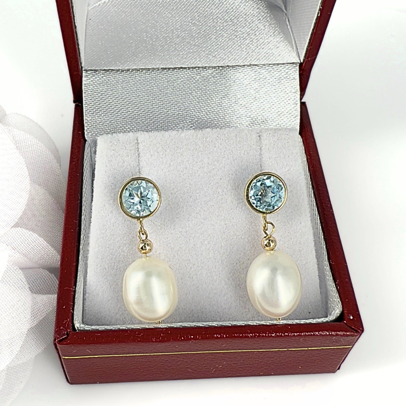 14k Yellow Gold Sky Blue Topaz & Genuine Cultured Pearl Dangle/Drop Earrings