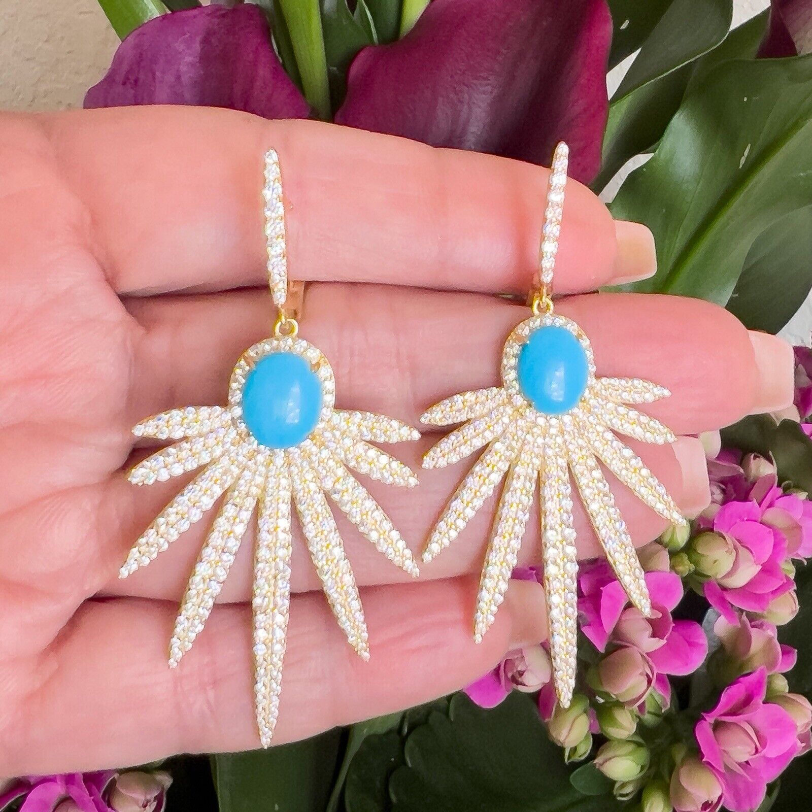 Sterling Silver Vermeil  Turquoise & Cubic Zirconia Dangle Earrings, New 2.4"