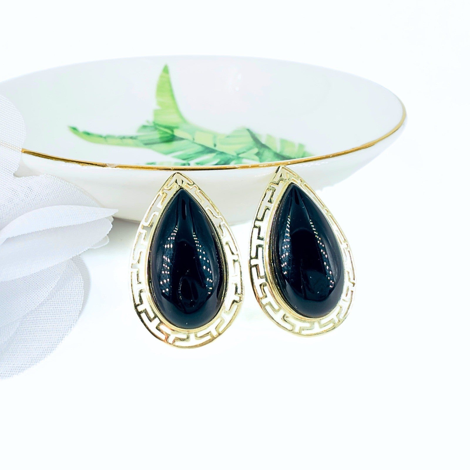 14k Yellow Gold Black Onyx Omega Back Earrings, Preowned