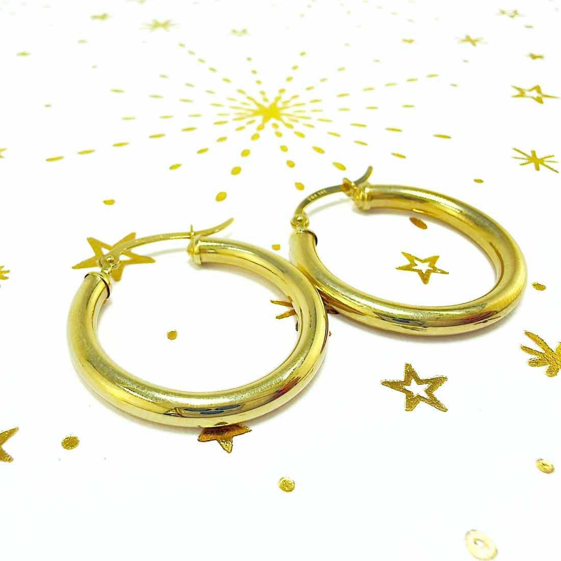 Solid 14k Yellow Gold 3mm Thick Hoop Earrings 25mm Diameter, New