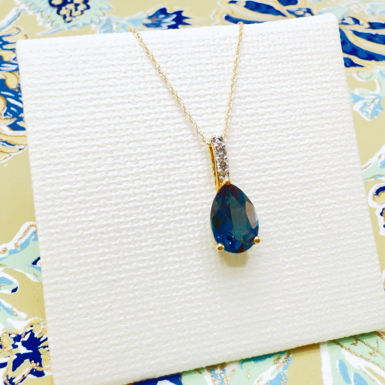 14k Yellow Gold Genuine London Blue Topaz & Diamond Pendant/Necklace, 18"