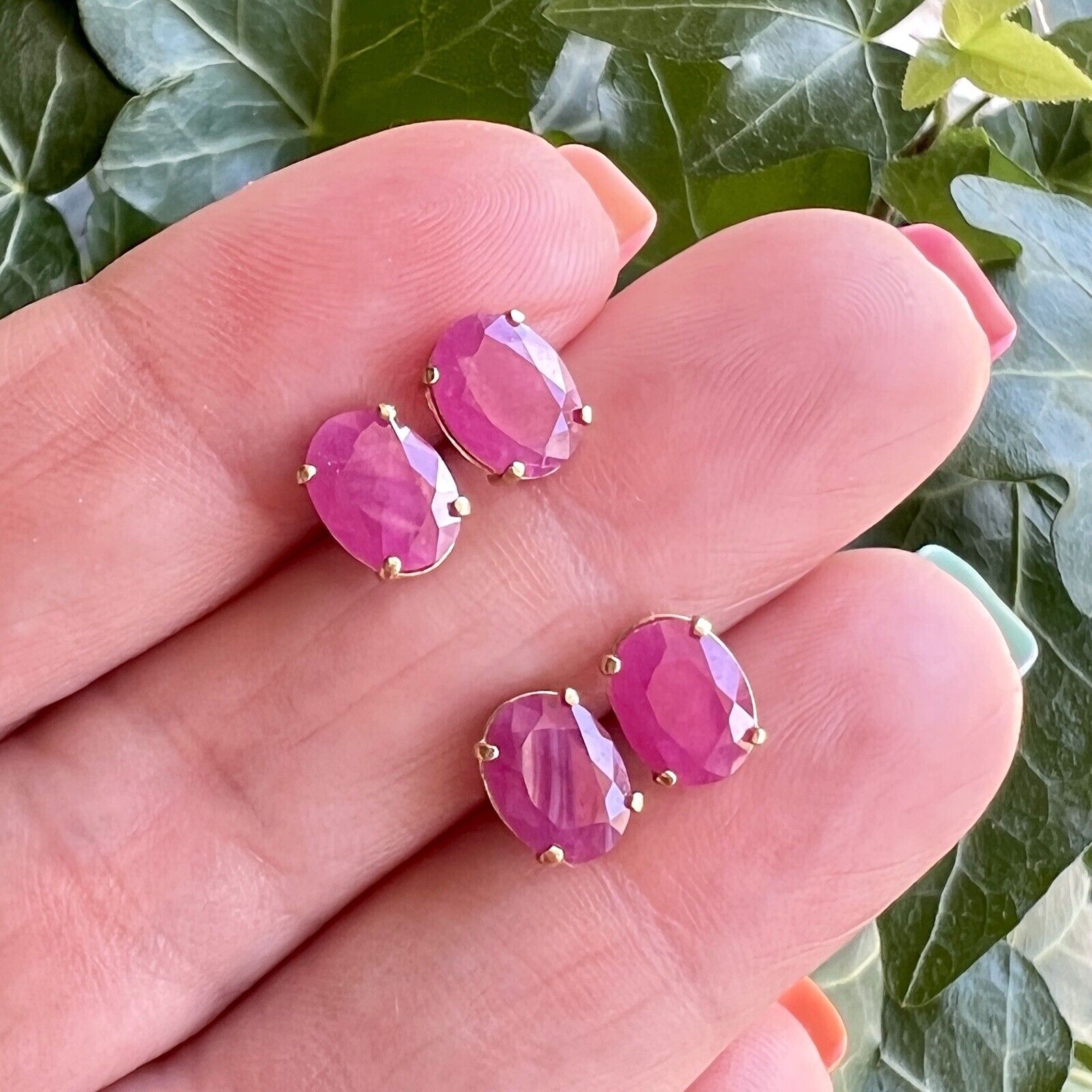 Solid 14k Yellow Gold Genuine Ruby 6x8mm Stud Earrings, New