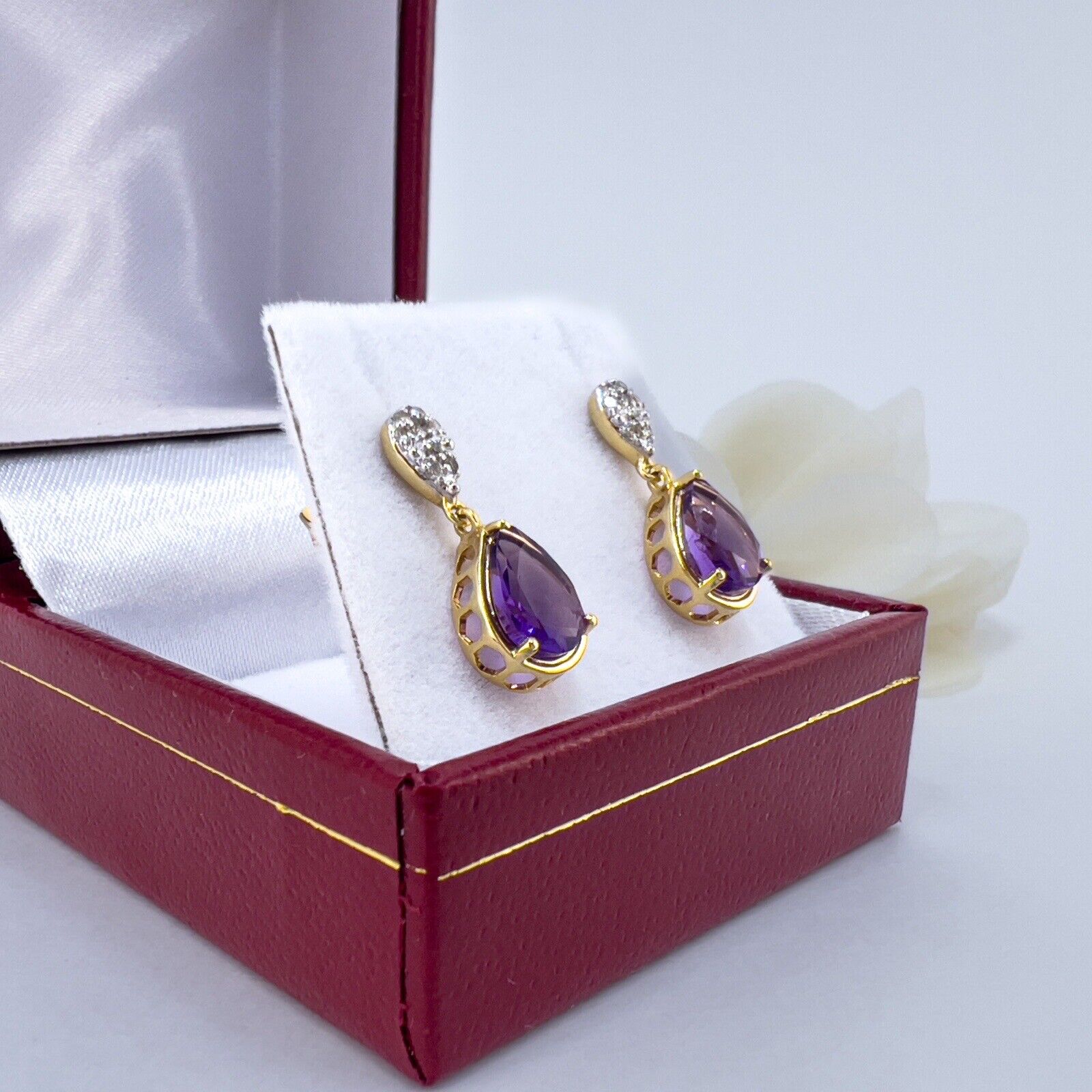 Genuine Amethyst & Diamond Solid 10k Yellow Gold Dangle/Drop Earrings