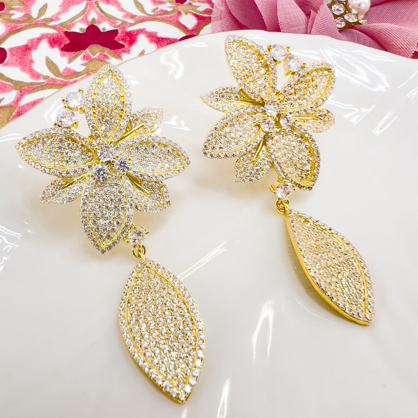 Sterling Silver Vermeil  Flower Cubic Zirconia Dangle/Drop Earrings, New 2.2"