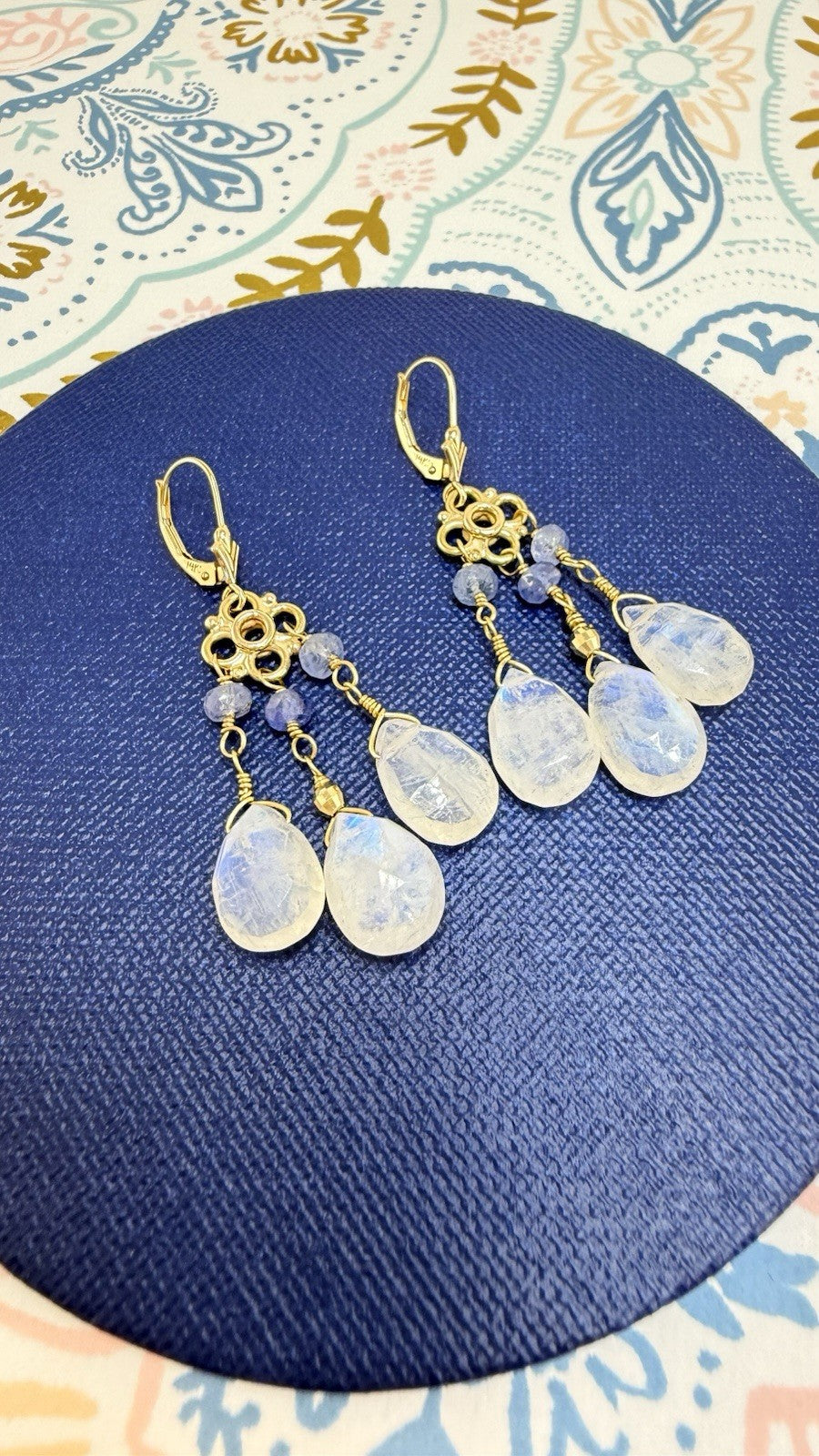 14k Yellow Gold Genuine Rainbow Moonstone and Sapphire Chandelier Earrings,