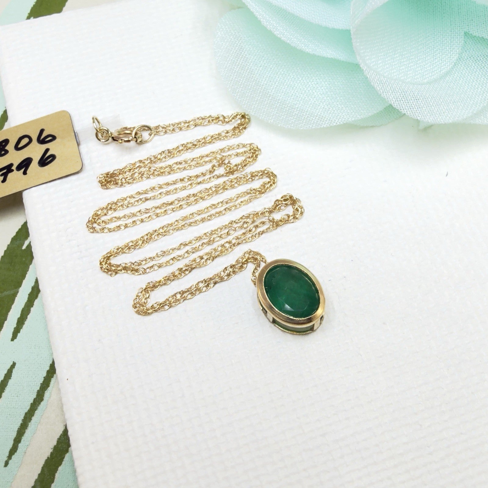 Solid 14k Yellow Gold Oval Genuine Emerald Pendant Necklace, New 18"