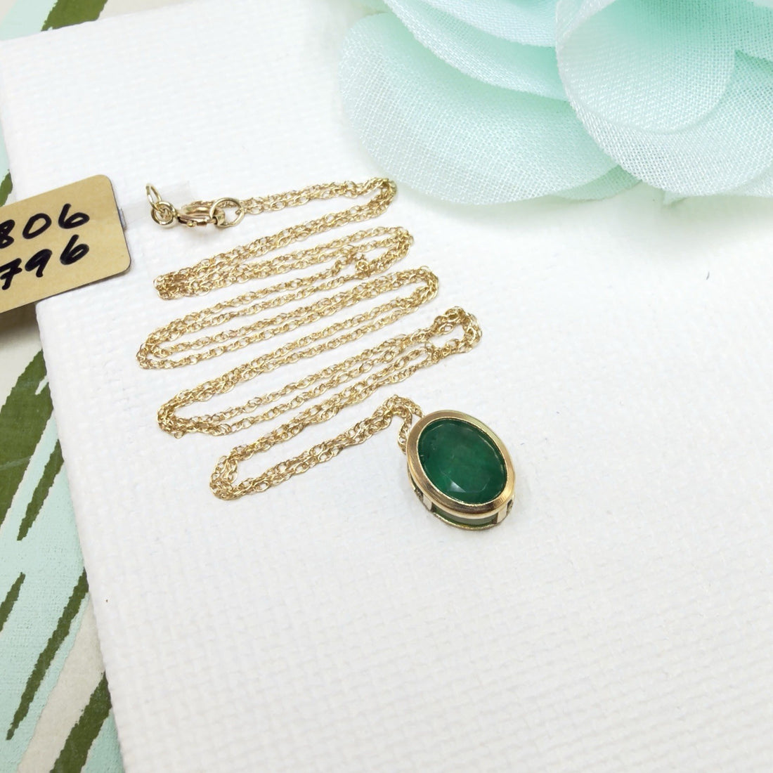 Solid 14k Yellow Gold Oval Genuine Emerald Pendant Necklace, New 18"