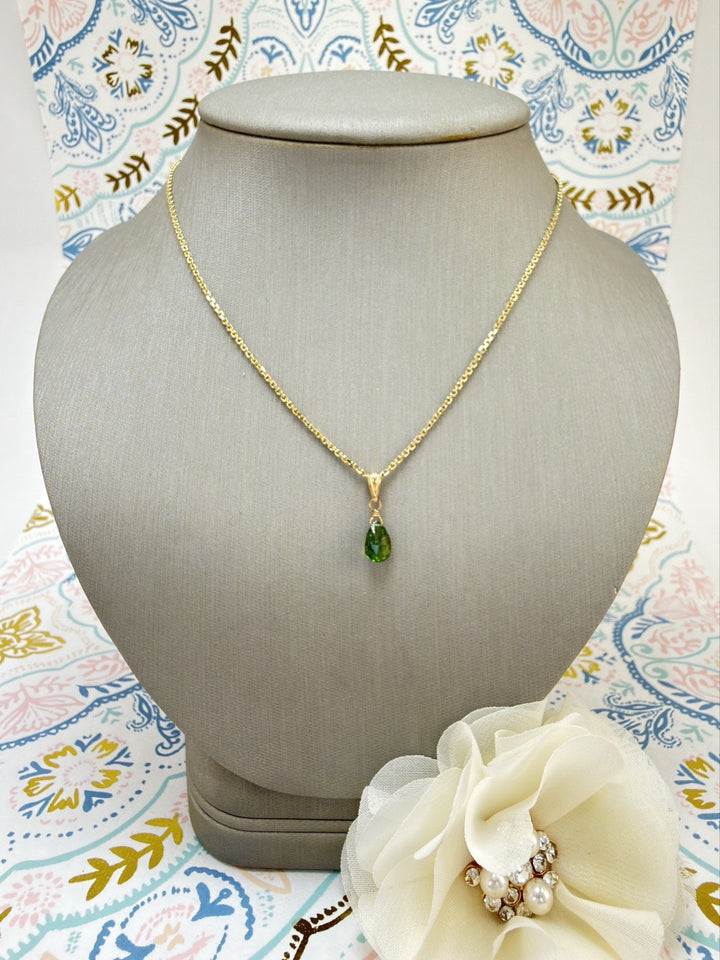 14k Yellow Gold Genuine Green Tourmaline Drop Pendant, 0.75" New