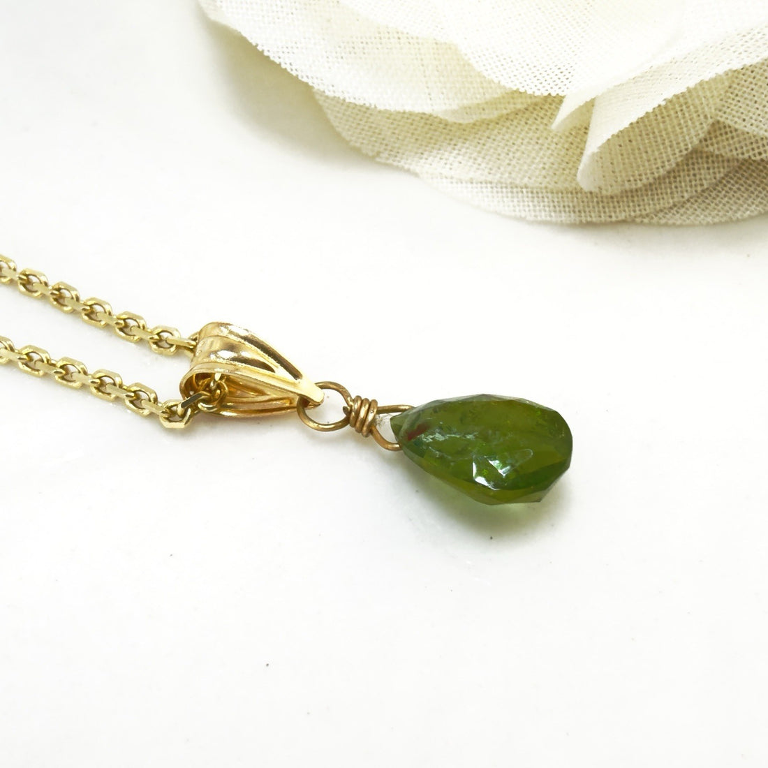 14k Yellow Gold Genuine Green Tourmaline Drop Pendant, 0.75" New