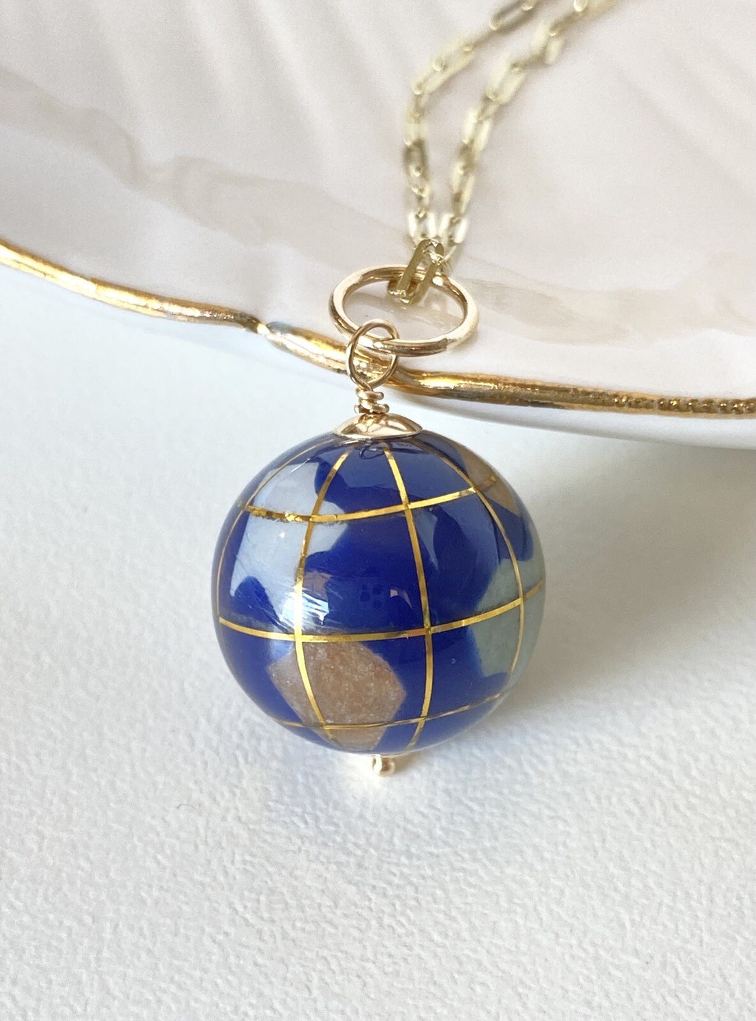 World Globe Gemstone Inlay Solid 14k Yellow Gold Pendant, New, 1.06"