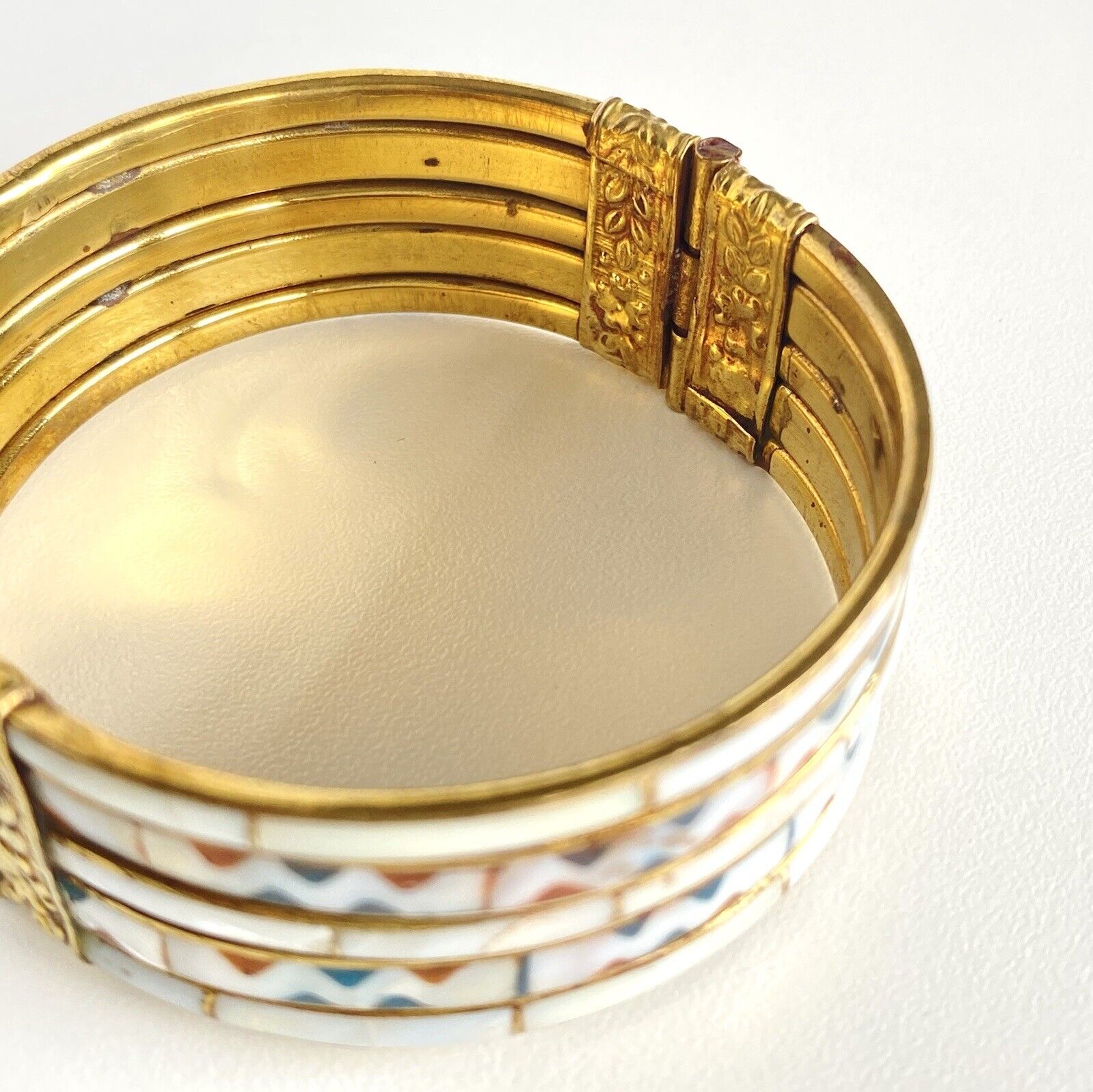 Vintage Mother of Pearl Inlay & Enamel Bohemian Bangle Bracelet, New