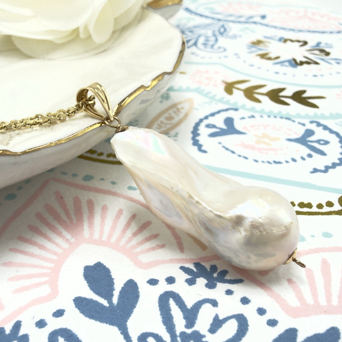 14k Yellow Gold Genuine Baroque Pearl Pendant, New 1.5"