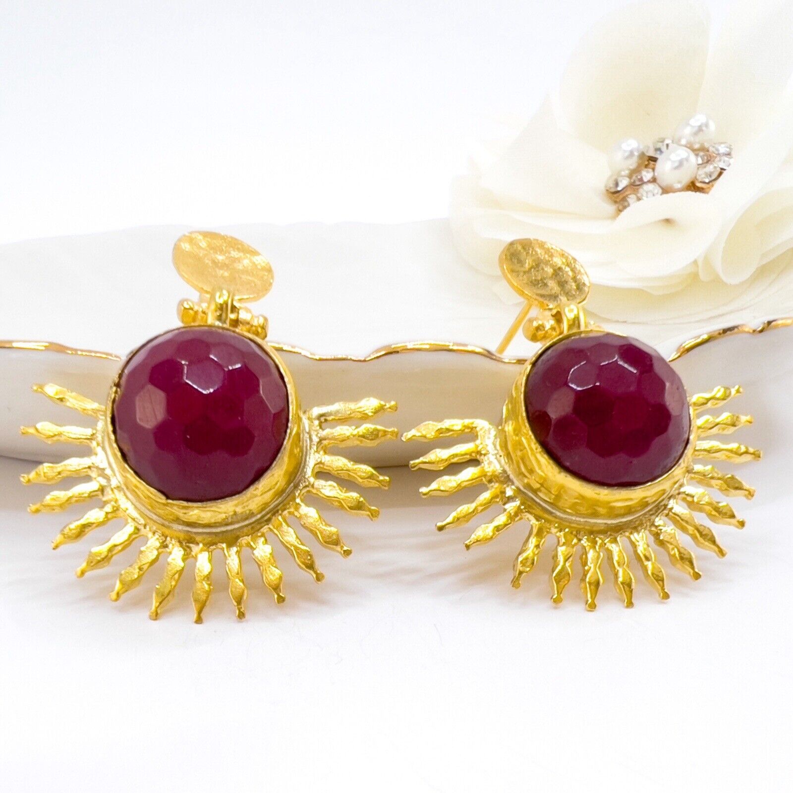 Etruscan Style Ruby Quartz Heavy Gold Plated Sunburst Dangle Earrings New 1.48"