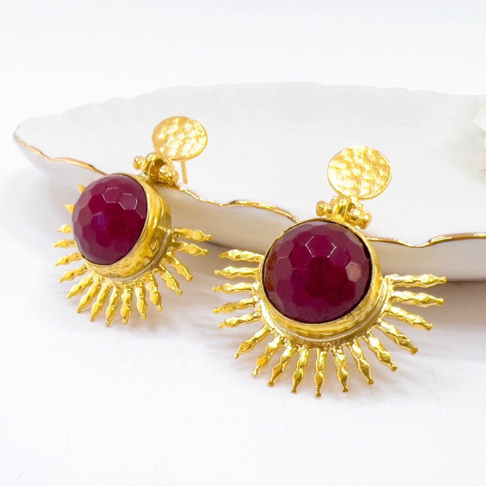 Etruscan Style Ruby Quartz Heavy Gold Plated Sunburst Dangle Earrings New 1.48"