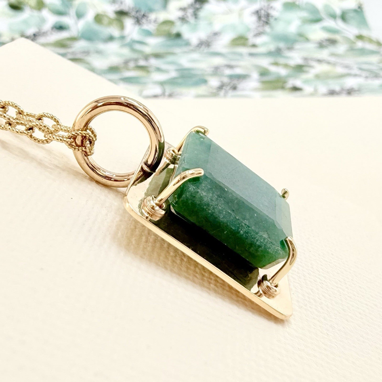 14k Yellow Gold Genuine Emerald Modernist Unisex Pendant, Newly Handcrafted
