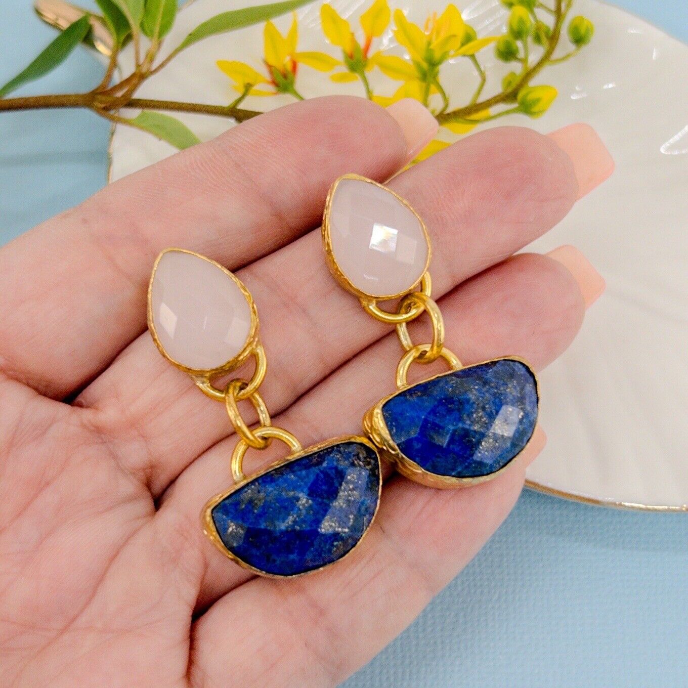Etruscan Revival Genuine Rose Chalcedony & Lapis Lazuli GP Dangle/Drop Earrings