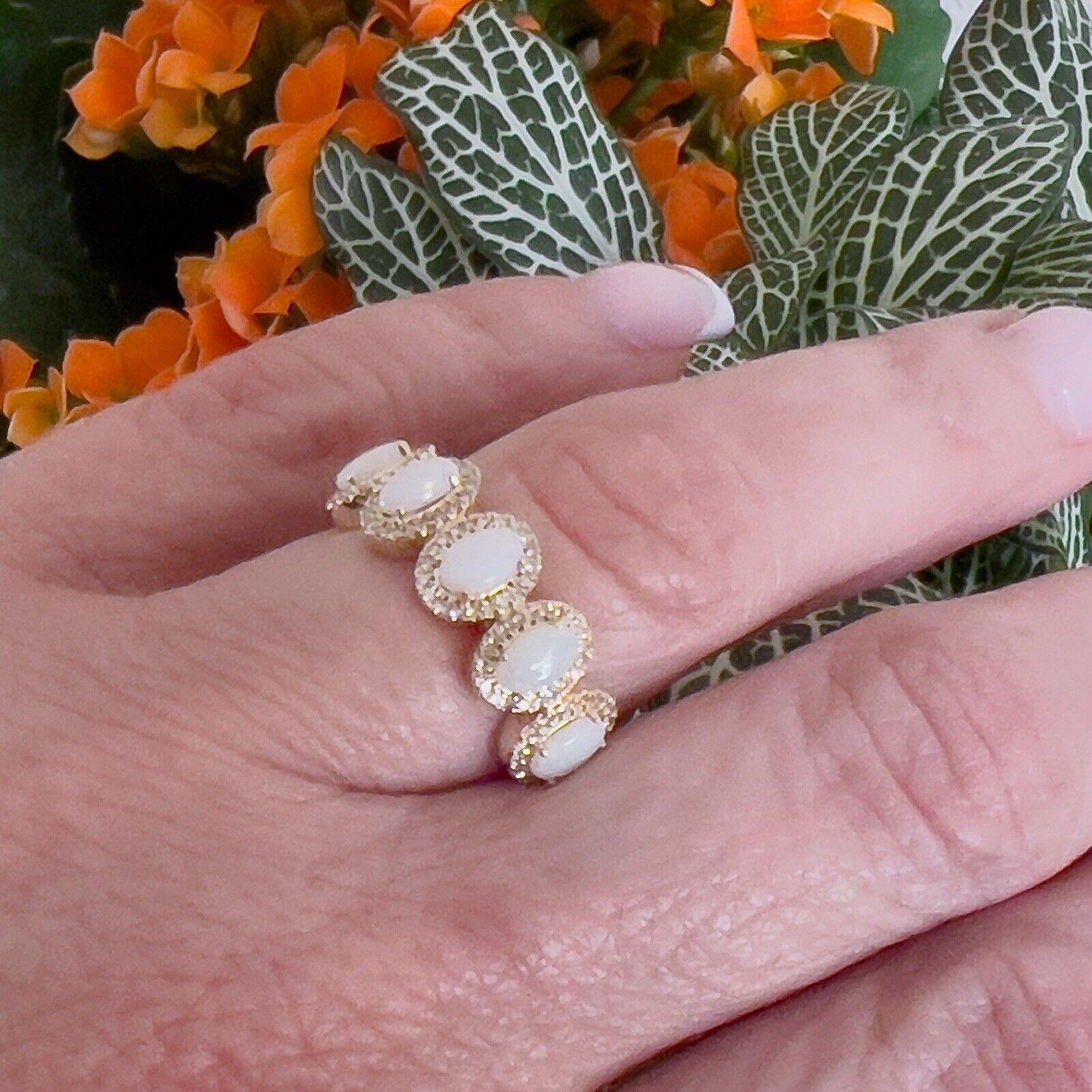 Solid 10k Yellow Gold Genuine Opal & Diamond Ring, New Size 7