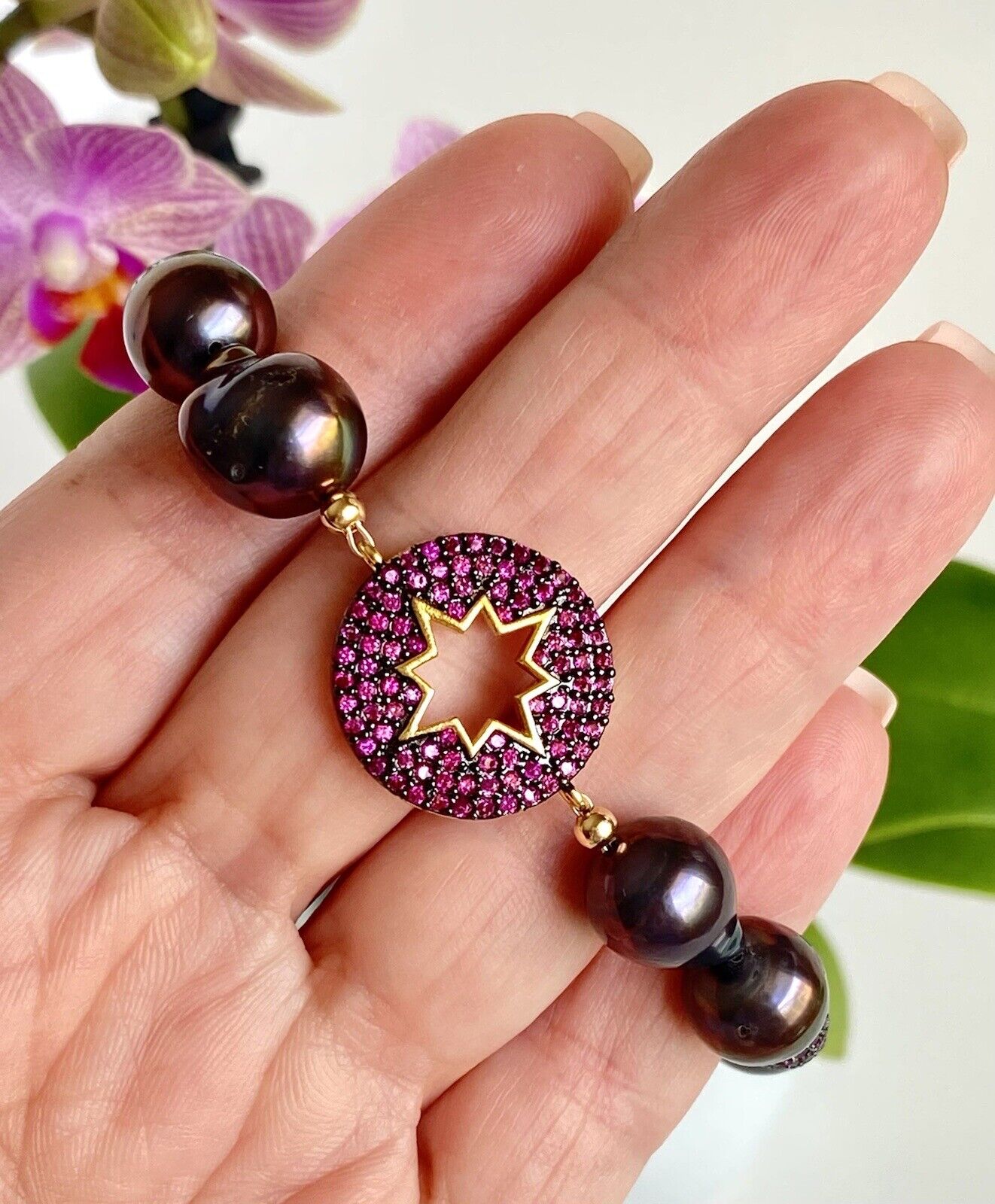 Peacock Akoya Baroque Pearls 14K Vermeil/GF North Star Bracelet, New 7.5" Pink